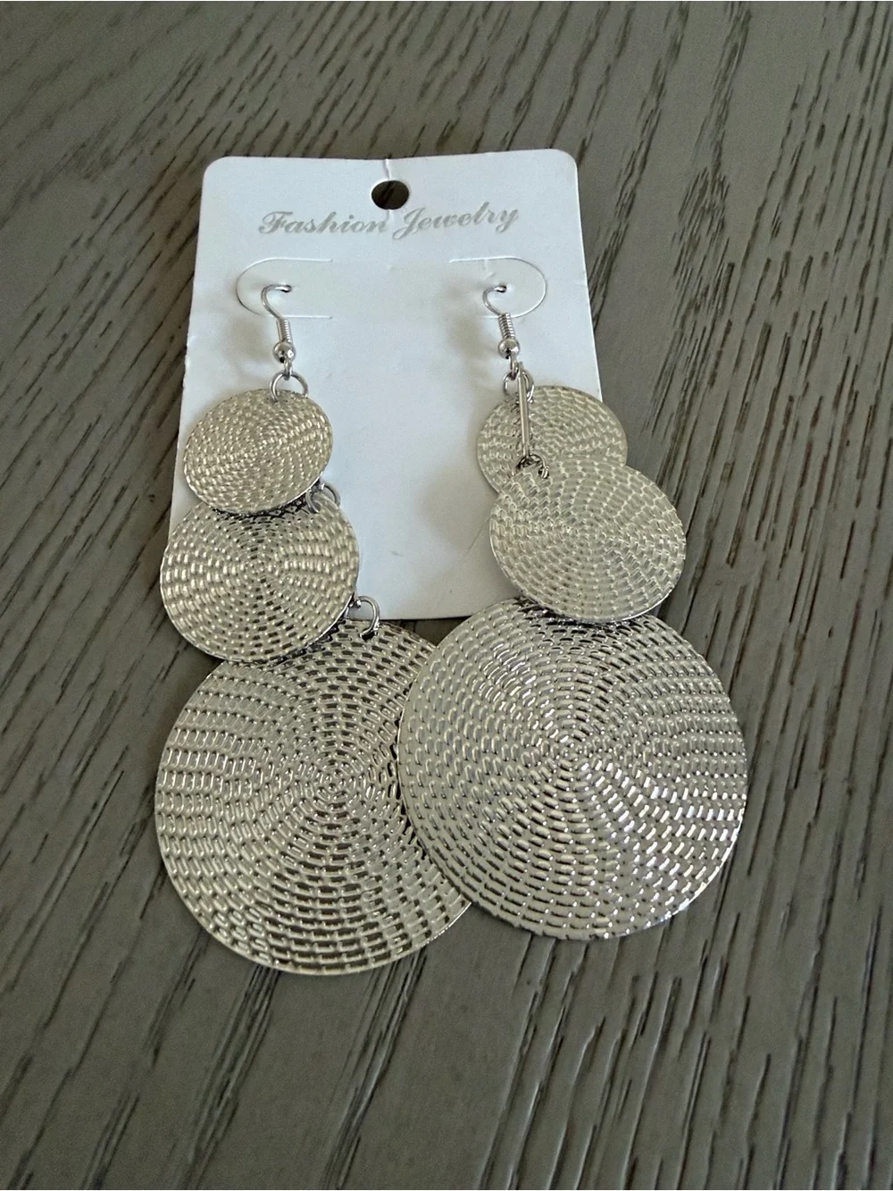 Fashion Jewelry Silver Textured Layered Disc Drop Earrings - Picture 2 of 3
